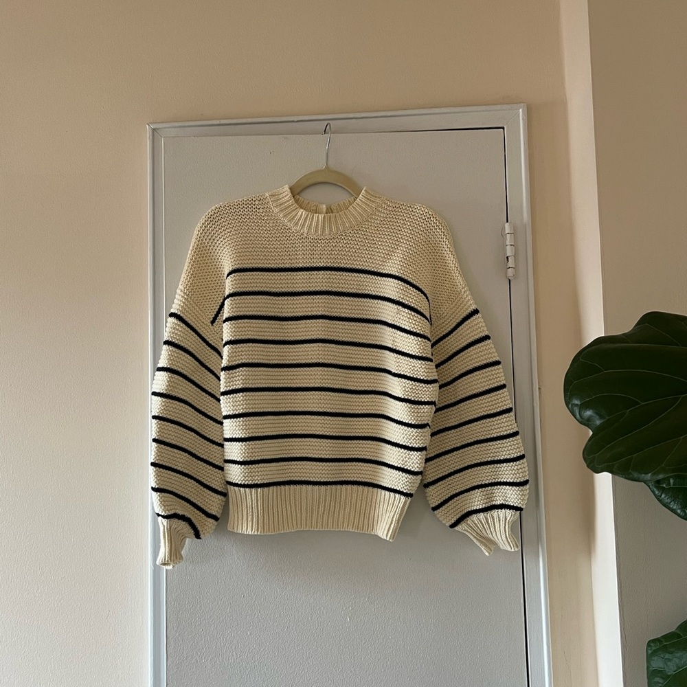 Cream Striped Knit Sweater - Women's Casual Pullover